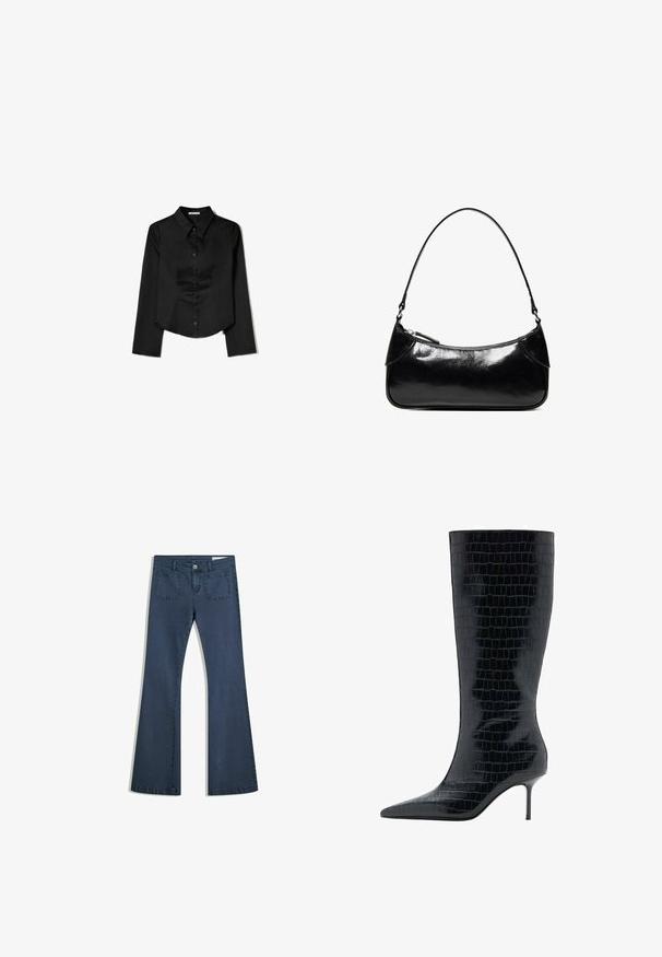 Chemise noire à manches longues en tissu lisse, avec un col pointu, une fermeture à boutons à l'avant et un ourlet court avec des fentes latérales.; Jean en denim bleu foncé évasé avec poches surpiquées, fermeture à bouton et texture lisse. Dispose d'un design classique à cinq poches.; Botte noire jusqu'au genou à talon aiguille avec un bout pointu, texture croco brillante et silhouette élégante. Caractérisée par un talon fin et haut.; Sac à épaule en cuir noir brillant avec un seul compartiment zippé et une fine bandoulière arquée.