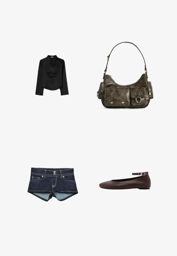 Sort langærmet skjorte lavet af glat stof, med en spidse krave, frontlukning med knapper og en cropped kant med sidelæg.; Denim shorts i mørkeblå med lyseblå indvendig foring, med forlommer, to knapper og kontrastsyning på taljen.; Mørkebrune flade sko med rund tå og justerbar ankelrem med sølvspænde på hvid baggrund.; Mørkegrøn læderhåndtaske med en buet form, lynlåslommer og en frontlomme med klap. Udstyret med sølvhardware og tekstureret finish.