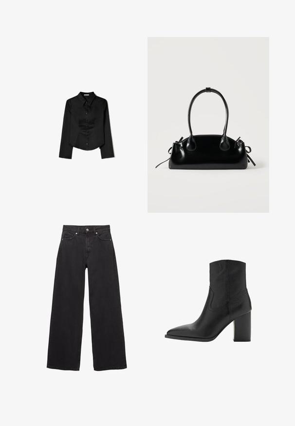 Sort langærmet skjorte lavet af glat stof, med en spidse krave, frontlukning med knapper og en cropped kant med sidelæg.; Sorte denim-jeans med brede ben, høj talje, fem lommer og knappelukning med diskrete syningsdetaljer.; Sorte læder ankelstøvle med spids tå og struktureret blokhæl, der har en glat tekstur og minimale syninger.; Lille sort blank håndtaske med to lange håndtag og snøre-detaljer i siden på en ensfarvet lys baggrund.