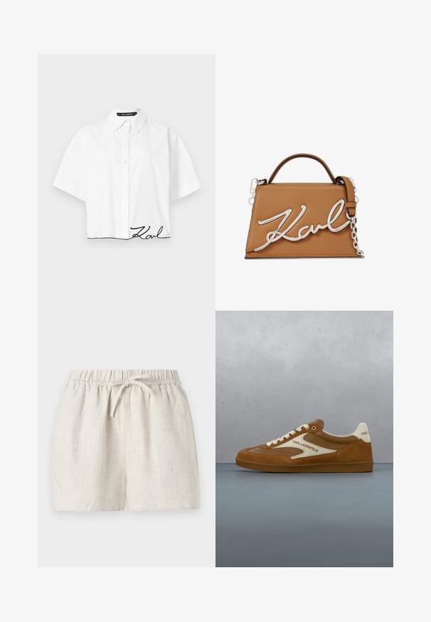 Chemise blanche à manches courtes avec col et boutons, avec la signature noire "Karl" brodée près de l'ourlet inférieur sur un fond uni.; Shorts en lin de couleur beige clair, dotés d'une taille élastique avec cordon de serrage, d'une coupe décontractée, d'une texture lisse et sans poches.; Baskets Karl Lagerfeld marron et beige avec des lacets blancs, flottant au-dessus d'un sol extérieur composé de carreaux en bois et de galets gris.; Sac à main en cuir tan avec quincaillerie en argent. Présente une poignée supérieure et une longue chaîne en sangle. L'avant affiche une signature stylisée "Karl".