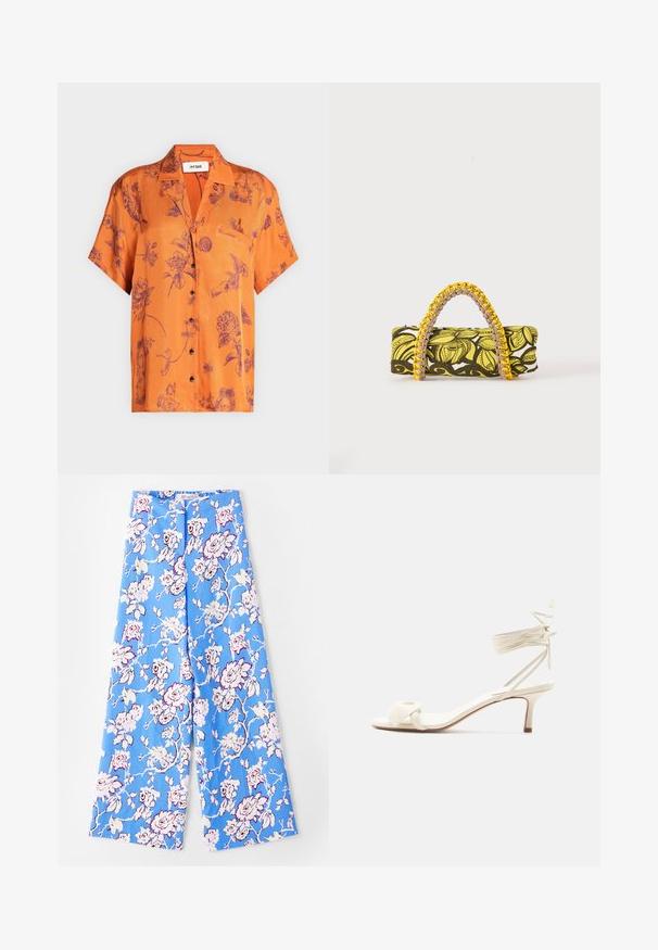 Camisa naranja de manga corta con botones, con flores moradas y bocetos a mano, cuello y bolsillo en el pecho, etiquetada como Ivy Oak.; Pantalones florales azules con un patrón de rosas en tonos pastel. La tela es suave, con un corte relajado, piernas anchas y una cinturilla elástica.; Sandalia de tacón bajo color crema con lazos alrededor del tobillo y una amplia tira retorcida sobre los dedos, sobre un fondo blanco liso.; Bolsa rectangular con patrón floral en amarillo y negro y asa trenzada amarilla y rosa sobre fondo blanco.