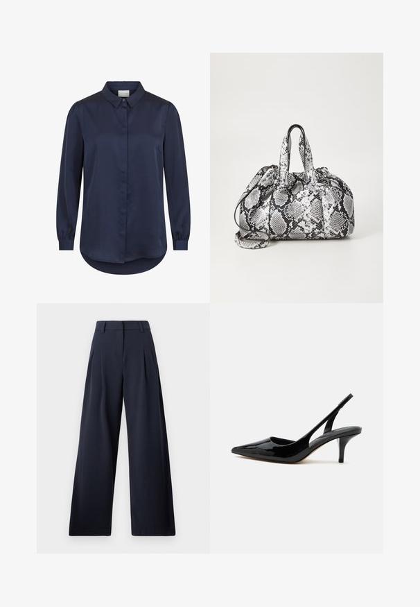 Blouse bleu marine à manches longues avec poignets boutonnés, boutons cachés sur le devant et col classique.; Pantalons larges navy avec une texture lisse, présentant des plis avant et une taille classique, conçu pour un ajustement décontracté.; Chaussure slingback en cuir verni noir avec talon kitten, bout pointu et talon bas et fin sur fond blanc.; Sac à main en motif peau de serpent noir et blanc avec deux poignées, une fermeture à cordon et une bandoulière amovible. Texture lisse.