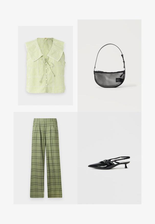 Blouse sans manches vichy vert clair avec grand col carré, boutons sur le devant et un nœud noué au niveau de l'encolure.; Pantalons évasés verts avec un motif à carreaux noirs, une taille haute, des plis sur le devant et des poches latérales.; Chaussure slingback en cuir verni noir avec bout pointu, petit talon carré et bride ajustable ornée de détails découpés et d'accents logo.; Sac à main en maille noire forme demi-lune avec une courte bandoulière en cuir réglable et une fermeture éclair sur un fond clair uni.