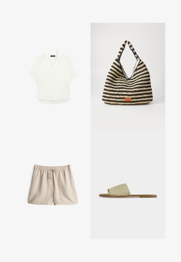 Weißes Polohemd mit kurzen Ärmeln, Kragen, kurzer Knopfleiste und leicht abgerundetem Saum.; Beige Shorts mit elastischem Bund und Kordelzug, aus strukturiertem Stoff mit zwei Fronttaschen. Mittlere Oberschenkel-Länge.; Flache Sandale mit einer hellbraunen Sohle und breitem, beigem geflochtenem Riemen oben, seitlich auf einfachem Hintergrund gezeigt.; Gestreifte, gewebte Tasche in Schwarz und Beige mit einem lässigen Design, strukturierten Oberflächen und einem kleinen Lederakzent.