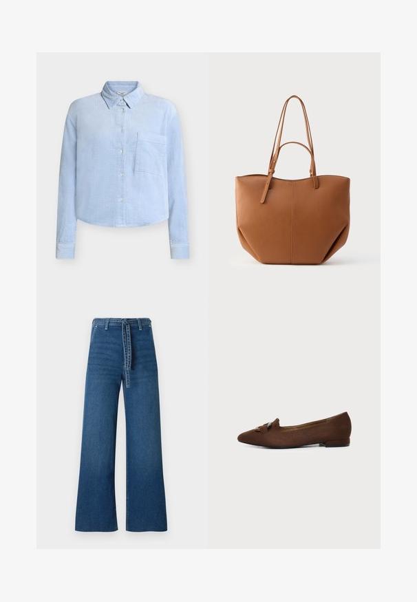 Hellblaues Cordhemd mit klassischem Kragen, langen Ärmeln, einer Brusttasche und Knopfleiste. Verfügt über ein strukturiertes, geripptes Muster.; TOM TAILOR DENIM TTMIJA CULOTTE FIT - Flared Jeans - used mid stone blue denim; Brauner flacher Schuh mit spitzer Kappe und dekorativem Schnallendetail oben, auf schlichtem hellem Hintergrund.; Tan-farbene Tragetasche aus Kunstleder mit zwei langen Henkeln, abgerundeter Form, sichtbaren Nähten und vertikalen Nahtdetails. Glatte Textur.