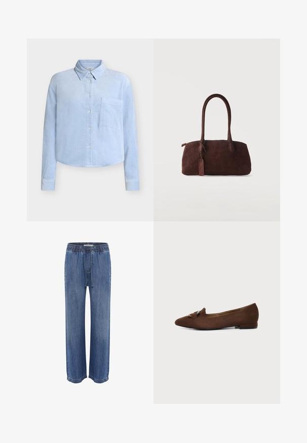 Lichtblauw ribfluwelen overhemd met klassieke kraag, lange mouwen, voorzak en knoopsluiting. Voorzien van een gestructureerd ribbelmotief.; Blauwe denim broek met een elastische tailleband en trekkoord, met een relaxed fit en wijde pijpen, een gladde textuur en gestikte zomen.; Bruine platte schoen met puntige neus en decoratief gespdetail bovenop, tegen een effen lichte achtergrond.; Donkerbruine suède handtas met twee lange hengsels en een klein bevestigd label, tegen een effen lichte achtergrond.