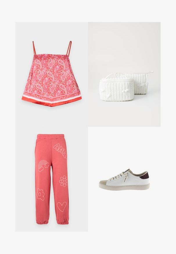 Camiseta de satén roja con un patrón de paisley, que presenta tirantes finos y un dobladillo rojo sólido, textura suave y acentos decorativos.; Pantalones deportivos color rosa coral con cintura y puños elásticos, decorados con contornos en rosa claro de un arcoíris, flores, un corazón y la palabra "Amor".; Zapatilla blanca con una puntera de ante gris y un acento de talón burdeos brillante. Presenta cordones planos y un diseño minimalista.; Dos bolsas cosméticas de textil blancas, una rectangular con un asa en la parte superior, que presenta una textura acanalada y pequeños lazos a los lados. La otra es cilíndrica.