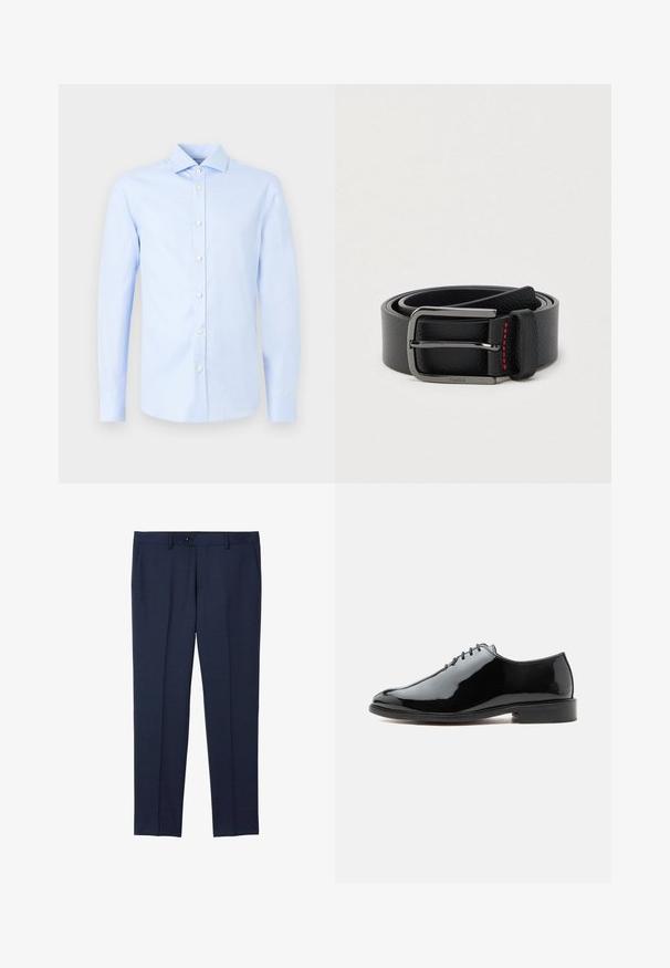 Lichtblauw overhemd voor mannen met lange mouwen, knoopsluiting aan de voorkant en een klassieke kraag, weergegeven op een lichte achtergrond.; Marineblauwe, op maat gemaakte broek van een soepele stof. Voorzien van een knoopsluiting, zijzakken en een recht model.; Zwarte glanzende leren nette schoen met gesloten veters, lage hak en glad afgeronde neus, getoond vanaf de buitenkant op een effen achtergrond.; Zwarte leren riem met een zilveren gesp en rood stiksel, opgerold op een effen lichte achtergrond.