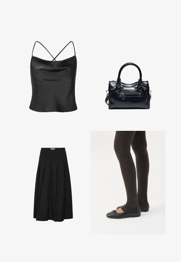 Camisole en satin noir avec une texture lisse, dotée de fines bretelles croisées et d'un décolleté légèrement drapé. Ourlet droit en bas.; Jupe midi plissée noire en tissu lisse. Elle présente une taille haute et une silhouette fluide avec des plissés soigneusement cousus.; Jambes portant des leggings côtelés foncés associés à des ballerines noires avec de petits détails en nœud sur fond blanc.; Sac à main en cuir noir brillant avec deux poignées, poche avant zippée et bandoulière amovible sur fond blanc.