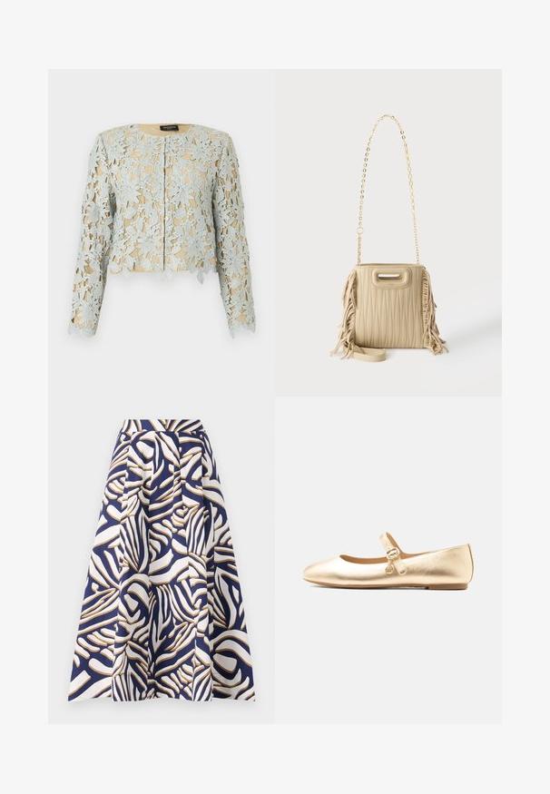 Beige jas met lange mouwen en een lichtblauw bloemen kanten overlay, ronde halslijnen en een knoopsluiting aan de voorkant.; Een knielange jurk van katoen met een marineblauwe achtergrond en gedurfde witte en gouden abstracte patronen; de geplooide ontwerp voegt volume toe.; Gouden metalen Mary Jane platte schoen met gesp en klein rond hangertje op witte achtergrond, zijaanzicht.; Beige doorgestikte handtas met franjes aan de zijkanten, een gouden ketting schouderriem en een klein handvat met uitsparing aan de bovenkant.