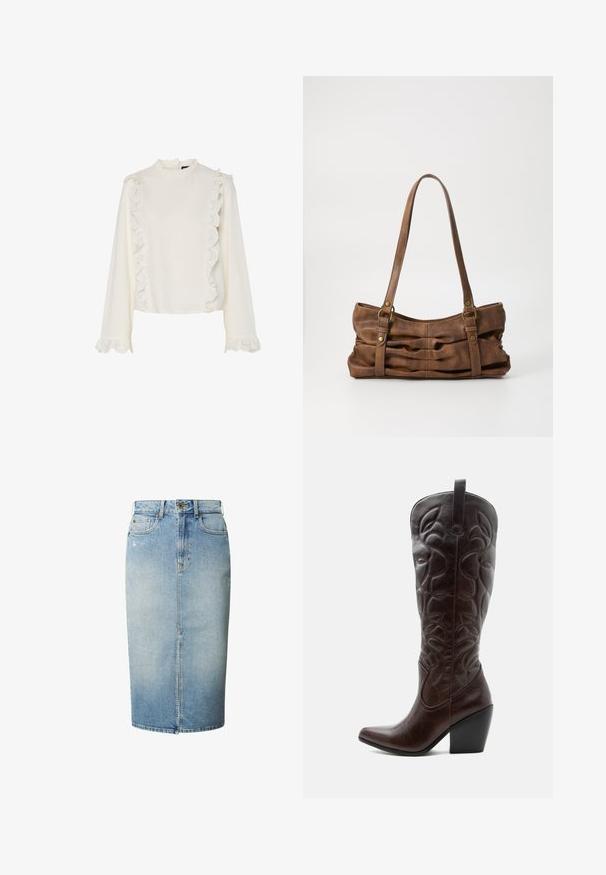 Weiße Bluse mit langen Ärmeln, mit hohem Kragen, gewelltem Spitzenbesatz an der Vorderseite und den Ärmeln sowie einem glatten, strukturierten Stoff.; Hellblaue Jeans-Bleistiftrock mit Frontriss, Gürtelschlaufen, Knopfverschluss und Fünf-Taschen-Stil.; Hoher dunkelbrauner Leder-Cowboystiefel mit gestickten dekorativen Mustern, spitzer Spitze und gestapeltem Blockabsatz.; Even&Odd Handtasche - brown