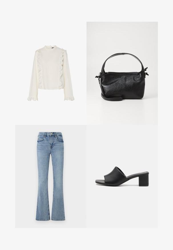 Hvid bluse med lange ærmer, der har en høj hals, scalloperet blondekant langs fronten og ærmerne samt et glat, struktureret stof.; Lyseblå denimjeans med høj talje, frontknap og lynlås, fem lommer og let udvidede ben.; Sorte læder mules med blokhæl og åben tå, med en glat overflade og let buet overdelsdesign for komfort og stil.; Sort læderhåndtaske med et struktureret design, rund tophåndtag og aftagelig skulderrem. Den har en glat tekstur og en subtil glans.
