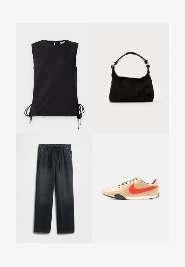 Haut noir sans manches à col rond avec des liens latéraux réglables à l'ourlet, présenté sur fond blanc.; Pantalon en denim noir avec une taille élastique à cordon, coupe large aux jambes et légère décoloration. Deux poches latérales incluses.; Baskets en cuir beige avec lacets noirs, logo Nike rouge sur le côté et semelle noire et blanche, vues de l'extérieur.; Sac à main en fausse fourrure noire avec une texture douce, une forme arrondie et une bandoulière en cuir noir robuste. Accent en métal argenté visible.