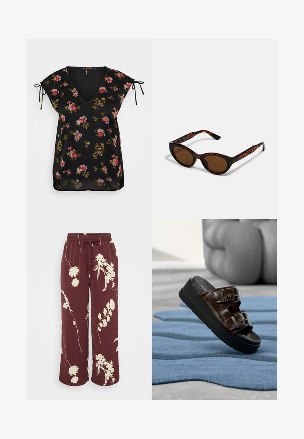 Blouse noire à fleurs avec un décolleté en V, manches courtes et détails à nouer aux épaules. Présente un motif de fleurs roses et vertes. Texture lisse.; Pantalon large bourgogne en tissu lisse avec imprimé floral blanc, doté d'une taille élastique et d'un cordon de serrage pour un ajustement réglable.; Sandale mule en cuir brun avec deux boucles argentées réglables sur une semelle plateforme noire, posée sur un tapis bleu texturé.; Lunettes de soleil en écaille de tortue marron avec une forme vintage de lunettes cat-eye et des verres marron. Présente des branches courbées avec des accents rouges.