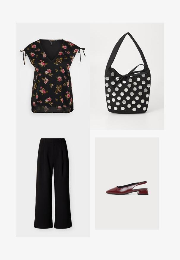 Blouse noire à fleurs avec un décolleté en V, manches courtes et détails à nouer aux épaules. Présente un motif de fleurs roses et vertes. Texture lisse.; Pantalon noir à jambes larges, taille haute, passants pour ceinture et poches latérales, présenté sur fond blanc uni.; Chaussure slingback en cuir bordeaux à bout pointu et petit talon bloc, présentée de profil sur fond blanc.; Sac à main en tissu noir, de forme arrondie, orné de clous métalliques ronds en argent disposés en motif, et d'un accent en tissu noué.