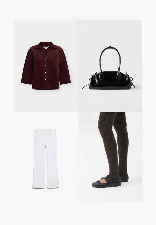 Chemise en velours côtelé bordeaux foncé à manches longues avec col et quatre boutons argentés sur le devant, présentée sur un fond clair uni.; Pantalon blanc taille haute à jambes larges avec poches plaquées devant, passants de ceinture et fermeture double bouton sur fond blanc uni.; Jambes portant des leggings côtelés foncés associés à des ballerines noires avec de petits détails en nœud sur fond blanc.; Petit sac à main noir brillant avec deux longues anses et des détails à cordon sur les côtés sur un fond clair uni.