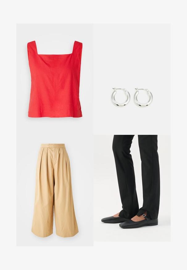 Top court à col carré rouge en tissu léger, doté de larges bretelles et d'un ourlet droit. Texture lisse avec un design minimal.; Pantalons larges beiges avec une taille haute, présentant des plis à l'avant et un tissu en coton lisse et texturé.; Jambes vêtues d’un pantalon slim noir avec des fentes à l’avant de l’ourlet, assorties à des chaussures plates Mary Jane noires avec une petite bride à boucle.; Boucles d'oreilles en argent avec une finition polie, présentant une forme circulaire et une fermeture à charnière. Texture lisse avec un minimum de détails.