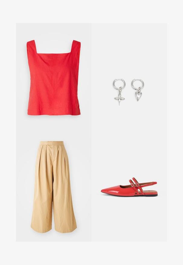 Top court à col carré rouge en tissu léger, doté de larges bretelles et d'un ourlet droit. Texture lisse avec un design minimal.; Pantalons larges beiges avec une taille haute, présentant des plis à l'avant et un tissu en coton lisse et texturé.; Ballerines slingback en cuir verni rouge avec un bout pointu, dotées de deux fines lanières croisées et d'un design minimaliste. Semelle plate noire.; Boucles d'oreilles en argent en forme de cerceau avec un charme croix et cœur. Texture lisse et brillante avec une finition polie. Chaque charmepend d'une boucle sécurisée.