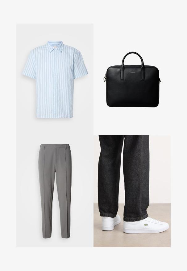 Korte mouwen overhemd met knoopsluiting in lichtblauwe stof met verticale strepen. Heeft een puntige kraag en witte knopen aan de voorkant.; Calvin Klein PULL ON - Broek - pewter; Witte leren sneakers met een laag profiel en een groen logo, gecombineerd met donkere spijkerbroek met gele stiksels.; Zwarte gestructureerde leren aktetas met dubbele handvatten en zilveren ritstrekkers, gecentreerd op een witte achtergrond.