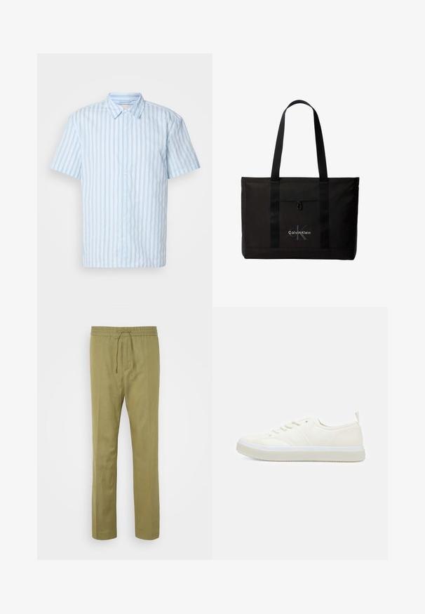 Chemise à manches courtes en tissu bleu clair avec des rayures verticales. Elle possède un col pointu et des boutons blancs sur le devant.; Pantalons vert olive clair en tissu doux et léger. Dotés d'une taille élastique avec cordon de serrage et de jambes droites.; Calvin Klein TOP LACE UP UNIFIT - Baskets basses - salt bay; Sac cabas noir Calvin Klein avec deux longues poignées et une poche avant, avec le logo de la marque en blanc et gris.