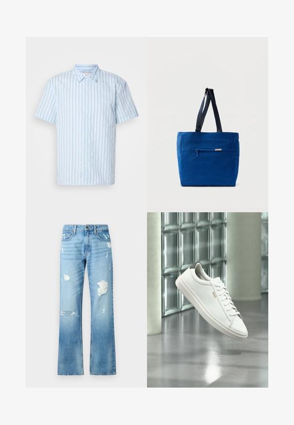 Korte ærmer knap-up skjorte i lyseblåt stof med lodrette striber. Har en spids krave og hvide knapper ned langs fronten.; Lyseblå denimjeans med lige ben, der har slidte detaljer og en falmet finish. Inkluderer en metalknap og fem lommer.; Hvid læder lav-top sneaker med snørebånd, sort hælflig og "BOSS"-logo, svævende indendørs nær glasblok væg og poleret gulv.; Blå lærredstaske med lynlåslomme foran, dobbelte skulderremme og rektangulær form. Har en diskret mærkeetiket.