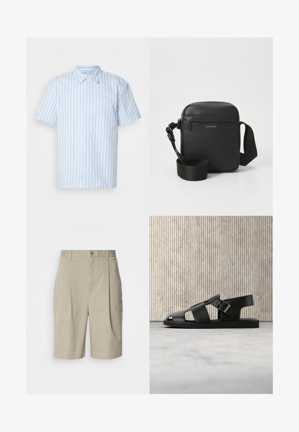 Chemise à manches courtes en tissu bleu clair avec des rayures verticales. Elle possède un col pointu et des boutons blancs sur le devant.; Shorts en coton beige avec un devant plissé, fermeture à bouton à la taille et poches latérales. Texture lisse et coupe à mi-genoux.; Sandale en cuir noir avec bride à boucle, design à bout ouvert, présentée sur un tapis beige avec un arrière-plan flou de meubles marron.; Sac bandoulière en cuir noir avec une finition texturée, doté d'une poche zippée à l'avant et d'une sangle en tissu ajustable. Logo de la marque visible.