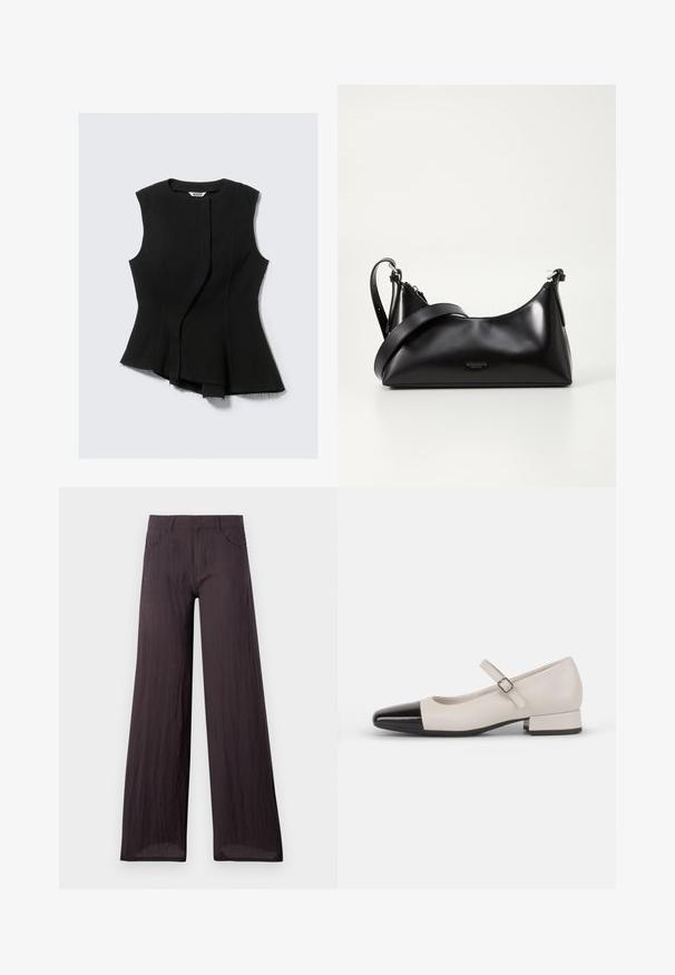 Haut noir sans manches avec un ourlet asymétrique, présentant un tissu texturé et un détail de panneau avant, fini avec des bords bruts.; Pantalons larges gris foncé en tissu léger et texturé avec une finition lisse, dotés de poches frontales et d'une taille classique.; Chaussure de style Mary Jane en cuir crème avec un bout en vernis noir. Présente un bout rond, une sangle de cheville avec une boucle carrée et un petit talon carré.; Sac à main en cuir noir avec une texture lisse. Dispose d'une bandoulière adjustable et d'un design élégant et minimaliste avec une fermeture éclair.