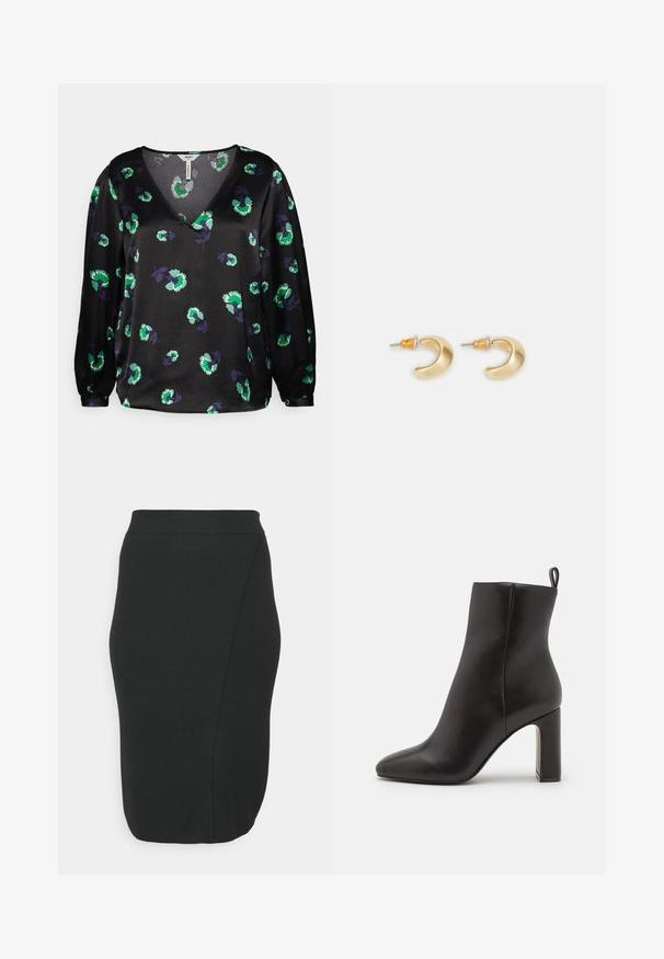 Object Curve OBJAGAFIA - Μπλούζα - black/green; EVOKED VILA VIMARLA PENCIL SKIRT - Pencil φούστα - black; Μαύρη δερμάτινη μπότα μέχρι τον αστράγαλο με καμπυλωτή μύτη, κυλινδρικό ψηλό τακούνι και θηλιά στην πλάτη για εύκολη εφαρμογή. Λείος υφιστάμενος.; Χρυσά σκουλαρίκια σε σχήμα ημισέληνου με λεία επιφάνεια, που διαθέτουν πορτοκαλί λεπτομέρειες κοντά στον κρίκο και ασημένια εξαρτήματα.
