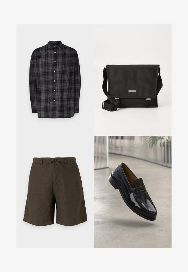 Skjorte med knapper i sort og gråt ternet mønster, lange ærmer, krave, en enkelt brystlomme og hvide knapper. Fremstillet af letvægtsstof.; Kaki shorts lavet af hør, med elastisk talje, sidelommer og en afslappet pasform med en glat tekstur.; Sorte patentlæder loafer med en syet detalje, rund tå, lav hæl og glat overflade, præsenteret mod en neutral baggrund.; Sort messenger taske lavet af nylon med en mat finish. Har en klaplukning, justerbar rem og en lille metal logo plade.