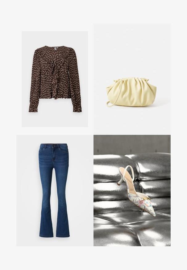 Brun bluse med lange ærmer med hvide uregelmæssige prikker, flæseforan detaljer og rynkede manchetter.; Mørkeblå denim flare jeans med for- og baglommer, knap- og lynlåslukning samt slidte detaljer på lår og knæ.; Slingback højt hæle sko med blomsterprint i hvidt syntetisk materiale, spids tå og en gulddetalje nær tåen. Placeret på en skinnende overflade.; Gul plisseret håndtaske lavet af glat kunstlæder, med en blød form, en enkelt skulderrem og samlet topdesign.