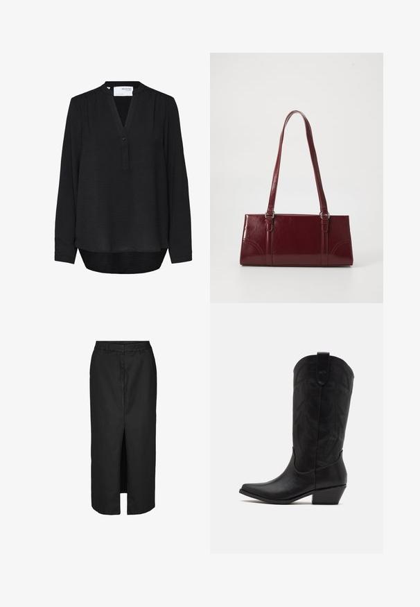 Blouse noire à manches longues avec col mao, patte de boutonnage à un bouton, légers fronces aux épaules et ourlet arrondi plus long à l'arrière.; Jupe midi noire avec une fente devant, réalisée en tissu léger. Elle présente une taille classique et de discrètes poches latérales.; Botte de cowboy en cuir noir avec un bout pointu, un talon bas empilé et un motif de feuilles embossé complexe sur la tige. Boucle en haut pour un enfilage facile.; Sac à main bordeaux en matériau brillant, de forme rectangulaire, avec deux anses et des accents légèrement courbés à l'avant.