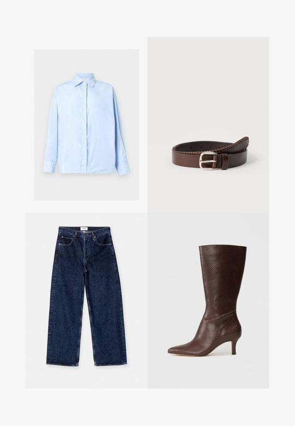 Lyseblå langærmet skjorte med knapper, spids krave og manchetter med én knap, vist fladt mod en hvid baggrund.; Mørkeblå denim brede bukser med høj talje, forlommer og en glat tekstur med subtile stikningsdetaljer.; Brune faux læder ankelstøvle med spids tå, tekstureret slangeprint og en 5 cm hæl, der har et slankt og strømlinet design.; Brunt læderbælte med en glat tekstur, kontrasterende syninger langs kanterne og en sølvfarvet metallsnaps.
