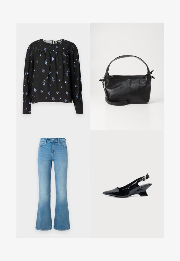 Blouse noire à manches longues avec motif floral bleu, col rond, détails froncés et fermeture à bouton au dos. Texture douce.; Jean flare en denim bleu clair avec poches avant, passants de ceinture et fermeture à bouton sur un fond blanc.; Chaussure slingback en cuir verni noir avec bout pointu et petit talon bloc incliné sur fond clair uni.; Sac à main en cuir noir au design structuré, avec une poignée arrondie et une bandoulière amovible. Présente une texture lisse et un éclat subtil.