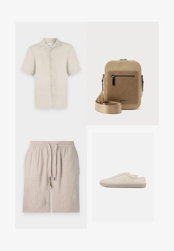 Chemise beige à manches courtes avec un col classique, fermeture à boutons sur le devant, texture de tissu lisse et ourlet droit.; Shorts beige texturés avec une taille élastique et un cordon de serrage. Présentent un subtil motif en carreaux et une coupe ample. Aucune poche visible.; Baskets en daim beige avec une tige texturée, un contrefort de talon blanc lisse, de fines lacets et une semelle extérieure en caoutchouc. Présente un design bas profil.; Petit sac bandoulière beige avec poche avant zippée, logo métallique ALDO, sangle large ajustable et forme rectangulaire arrondie sur fond blanc.
