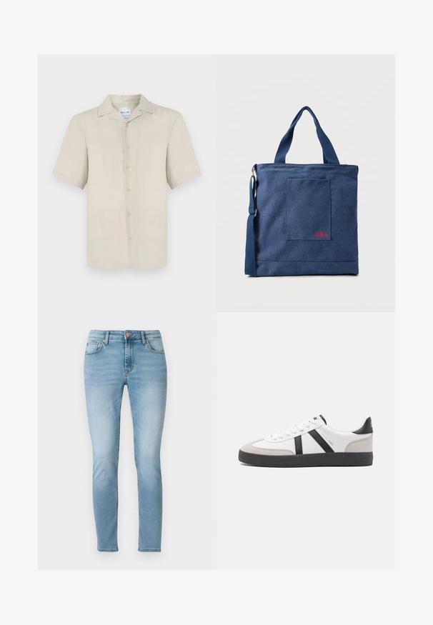 Kortærmet beige skjorte med klassisk krave, frontlukning med knapper, glat stoftekstur og lige kant.; Lyseblå skinny jeans lavet af denim, med en mellemhøj talje, fem lommer og diskret fading på lårerne. Knaplukning i taljen.; Hvide sneakers med sorte og grå detaljer, med en tekstureret grå tåhætte, sort gummisål og flade hvide snørebånd. Rent design, minimalistisk stil.; Blå lærredstote taske med frontlomme og rød "O.N.S" broderi, med to håndtag og en justerbar skulderrem.