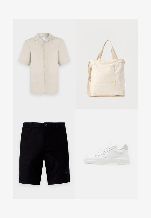 Chemise beige à manches courtes avec un col classique, fermeture à boutons sur le devant, texture de tissu lisse et ourlet droit.; Shorts noirs au tissu lisse, dotés d'une fermeture à bouton, de poches classiques et de poignets retroussés. Fabriqués en tissu léger.; Des baskets en cuir blanc avec une finition lisse, un bout rond, des lacets plats et une semelle texturée. Accents en daim gris au niveau du talon.; Sac fourre-tout en toile crème avec poche avant, deux poignées, bandoulière réglable et petit texte jaune "O.N.S" en bas à droite de la poche.