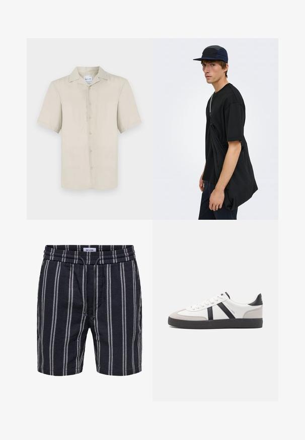 Chemise beige à manches courtes avec un col classique, fermeture à boutons sur le devant, texture de tissu lisse et ourlet droit.; Short bleu marine avec des rayures blanches verticales, taille élastique et cordon, fabriqué par Only & Sons.; Baskets blanches avec des accents noirs et gris, présentant un embout texturé gris, une semelle en caoutchouc noir et des lacets plats blancs. Design épuré, style minimaliste.; Jeune homme portant un t-shirt noir, une casquette bleu marine et noire, et portant un grand sac bandoulière noir sur un fond clair uni.