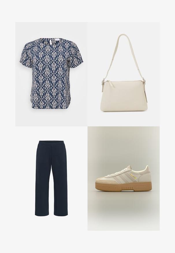 ONLY Carmakoma CARVICA S/S TOP WVN NOOS - Blouse - total eclipse; Pantalons en mélange de coton, coupe confortable, couleur bleu marine foncé, avec une taille élastique et des jambes droites. Sans poches ni coutures visibles.; Baskets Adidas crème et beige avec semelle en gomme, trois bandes sur le côté et "SPECIAL" écrit en or près des lacets.; Sac à épaule beige en cuir lisse avec une fermeture éclair. Présente un design simple, une bandoulière fine et des accents en métal.