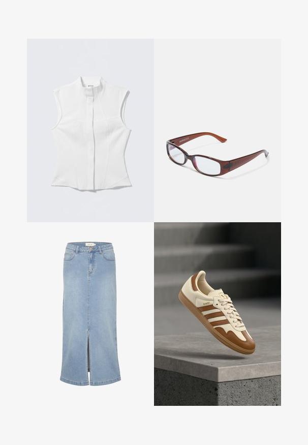 Blusa blanca sin mangas con cuello alto, corte entallado, tela sutilmente texturizada y tapeta central. Sin herrajes visibles ni estampados.; Falda midi de denim azul claro con una abertura frontal, corte recto, diseño clásico de cinco bolsillos y acabado desgastado. Presenta una etiqueta de marca blanca.; Zapatilla clásica con parte superior de cuero crema, detalles en marrón, tres franjas y suela de goma texturizada. Presenta una puntera redondeada y cierre de cordones.; Gafas rectangulares con tintado marrón y acabado brillante, con varillas delgadas y lentes transparentes. Logo visible en la patilla izquierda.