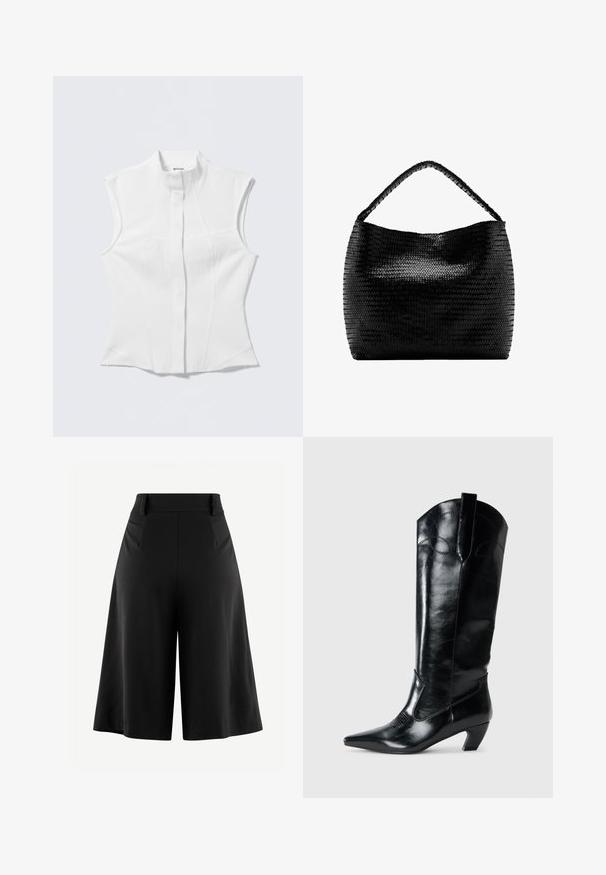 Witte mouwloze blouse met een hoge kraag, getailleerde pasvorm, subtiele textuur in de stof en een centrale knoopsluiting. Geen zichtbare hardware of patronen.; Zwarte wijde pantalon met een geplooide voorkant, hoge taille en een soepele stofstructuur. Heeft een schone, minimalistische vormgeving zonder zichtbare hardware.; Zwarte leren kniehoge laarzen met een spitse neus, lage hak en decoratieve stiksels aan de zijkanten. Gladde glanzende afwerking.; Zwarte geweven handtas met een enkele gevlochten handgreep en een brede, zachte rechthoekige vorm tegen een witte achtergrond.