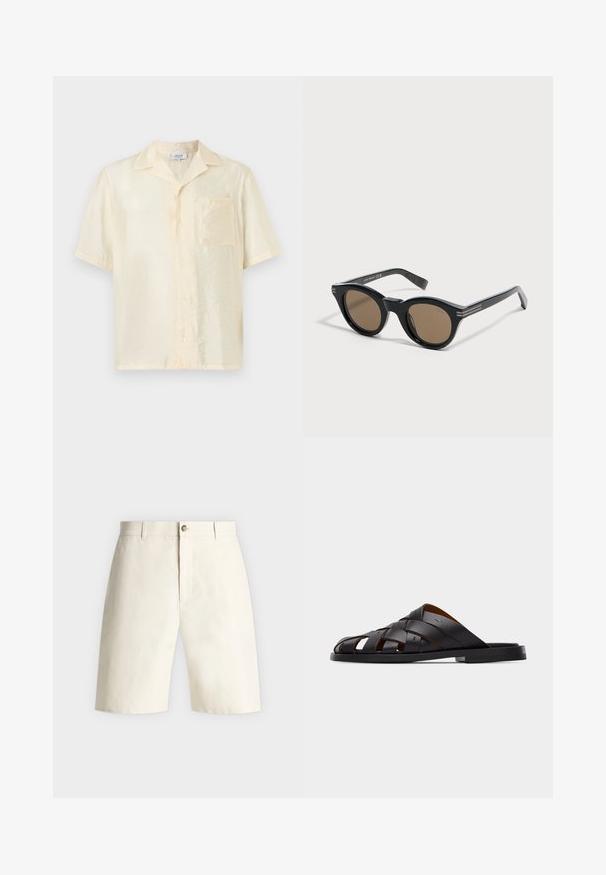 Chemise crème à manches courtes avec boutons, col camp et une poche poitrine, présentée sur un fond neutre.; Shorts couleur crème longueur genou avec passants de ceinture, un bouton devant et une fermeture éclair cachée sur un fond uni.; Sandale à enfiler en cuir noir tressé avec bout ouvert, semelle plate et brides croisées, vue de profil sur un fond uni.; Lunettes de soleil rondes noires avec des montures épaisses et des verres marron, posées sur une surface blanche légèrement inclinée vers la droite.