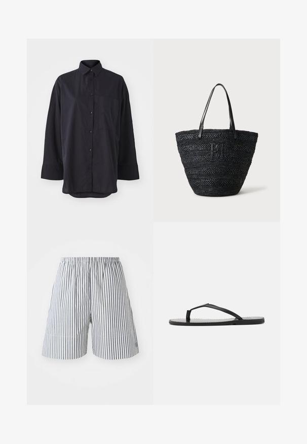 Zwarte button-up shirt gemaakt van zachte stof, met een klassieke kraag, lange mouwen, een borstzak en een gebogen hem ontwerp.; Gestreepte shorts in navy en wit katoen, met een elastische tailleband en een relaxte pasvorm. Midden-dij lengte met subtiele stikseldetails.; Zwarte teenslippers met een minimalistisch ontwerp, voorzien van dunne banden en een platte zool. Het materiaal lijkt op plastic met een gladde textuur.; Zwart geweven tote tas met twee dunne leren handvatten en een subtiel gevlochten logo aan de voorkant, staand tegen een lichte achtergrond.