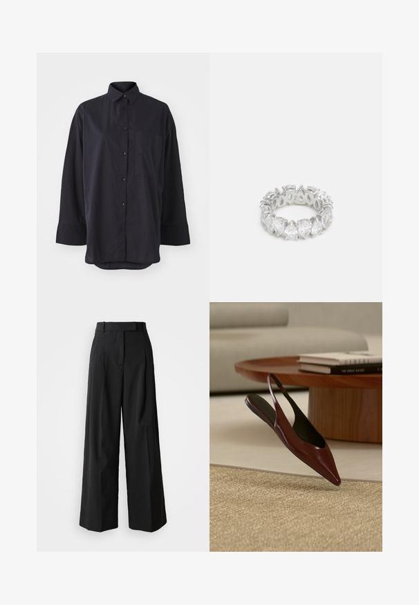 Schwarze Bluse aus weichem Stoff, mit klassischem Kragen, langen Ärmeln, einer Brusttasche und einem abgerundeten Saumdesign.; Schwarze weit geschnittene Hose aus glattem Stoff mit hohem Bund, ausgestattet mit zwei vorderen Falten und einem taillierten Design.; Dunkelbrauner spitzer Slingback-Flachschuh schwebt über einem gewebten beigen Teppich, im Hintergrund runder Holztisch und Bücher.; Klarer Edelsteinring mit durchgehendem Band, ausgestattet mit birnenförmigen Steinen in silberfarbener Metallfassung, die offene Akzente für Lichtdurchlässigkeit zeigen.