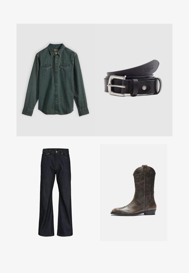 Chemise en denim bleu foncé à manches longues, fermeture à boutons-pression, empiècement style Western et deux poches poitrine. Caractérisée par des surpiqûres contrastées et une texture unie.; Jeans bleu foncé à coupe droite avec cinq poches, fermeture par bouton et couture orange visible sur la taille et les coutures.; Botte de cow-boy en cuir marron avec un long tige, un bout pointu, des motifs de couture complexes et un petit talon. Finition texturée tout au long.; Ceinture en cuir noire avec une boucle en métal argenté, un bouton-pression pour l'ajustement et des détails embossés sur le cuir. Texture lisse sur toute la surface.