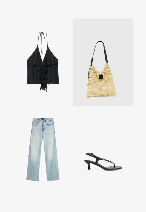 Sort ærmeløs haltertop med dyb V-udskæring, flæser foran og let, flydende stof.; Lyseblå jeans med lige ben, fem lommer og knaplukning, med diskret falming og syninger.; Sort læder sandal med et slankt design, tynde stropper og en lille hæl. Har en spænde detaljer og en glat, tekstureret indersål.; Beige vævet tote-taske med en sort justerbar skulderrem og en lille sort rektangulær patch foran.