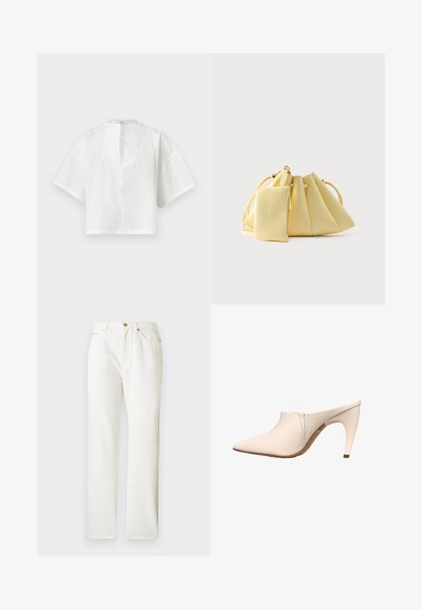 Blusa blanca de mujer de manga corta con abertura en V y ajuste holgado y cuadrado, exhibida sobre un fondo liso.; Pantalones de mezclilla blancos con diseño de pierna recta, que presentan un cierre delantero de botón y una textura sutil. Incluyen bolsillos laterales y un hardware mínimo.; Mula beige con puntera puntiaguda, tacón curvado de altura media y detalles mínimos de costura cerca de la abertura sobre un fondo blanco.; Bolso de mano amarillo suave con cordón, con una pequeña bolsa con cremallera a juego adjunta, sobre un fondo blanco liso.