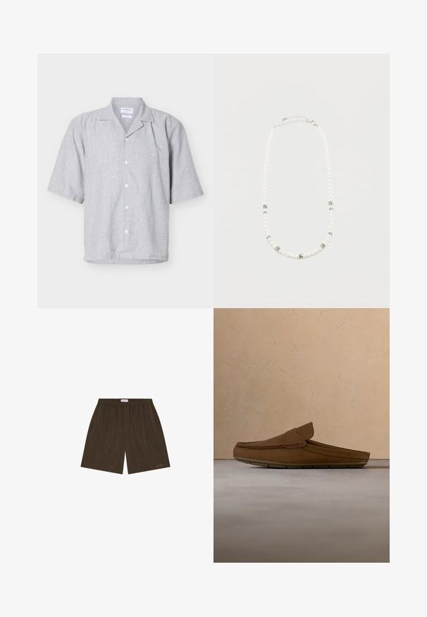Chemise en lin gris clair à manches courtes avec cinq boutons blancs et un col classique, présentée sur un fond clair uni.; Shorts décontractés marron avec taille élastique, poches latérales et logo discret de la marque près de l'ourlet sur la jambe droite.; Mocassin en cuir marron flottant au-dessus d'un tapis tissé beige avec une table ronde en bois et des livres empilés dans un salon doucement éclairé.; Collier de perles blanches avec des intercalaires en strass argentés et un fermoir chaîne en argent, présenté sur un fond clair uni.