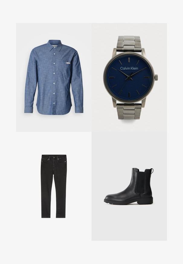 Blaues langärmliges Hemd mit Knöpfen aus leichtem, strukturiertem Stoff. Verfügt über eine Tasche auf der linken Brust und ein kleines Logoetikett. Die Knöpfe sind hell.; Schwarze Denim-Jeans mit schmaler Passform, ausgestattet mit vier Taschen, einem Metallknopfverschluss und leichten Used-Details. Glatte Textur und klassisches Design.; Schwarze Leder-Stiefelette mit elastischen Seiteneinsätzen, Zugschlaufe an der Ferse und niedrigem Blockabsatz vor einem schlichten Hintergrund.; Herren-Armbanduhr aus Edelstahl von Calvin Klein mit einem blauen strukturierten Zifferblatt und minimalistischen Stundenmarkierungen sowie Zeigern.