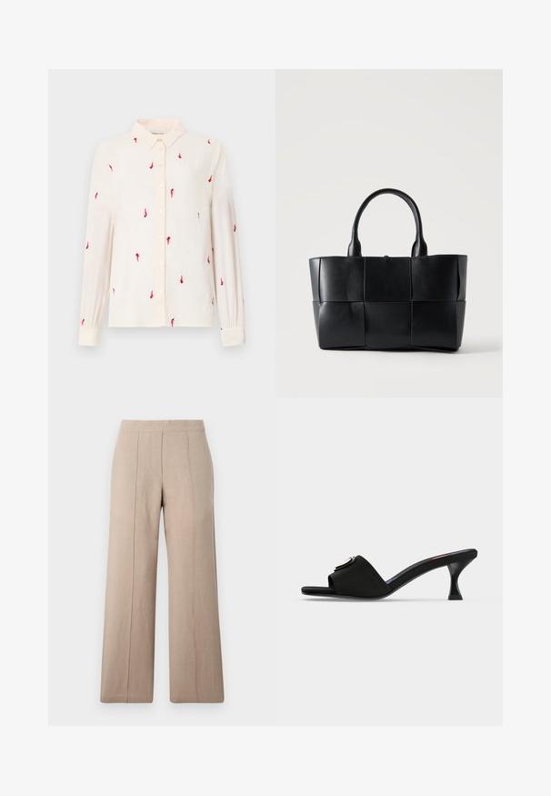 Camisa de manga larga color beige claro con cuello de botones, con bordado de pájaros rojos en toda la prenda y cierres de botón en el frente y los puños.; Pantalones de pierna ancha en color beige, confeccionados en tejido ligero, con pliegues frontales, una cinturilla suave y un corte recto con dobladillos limpios.; Zapato mule negro de punta abierta con tacón bajo curvado y una correa ancha con un detalle de hebilla metálica redonda.; Bolso tote de cuero negro con paneles grandes cuadrados tejidos y dos asas redondeadas sobre un fondo liso y claro.