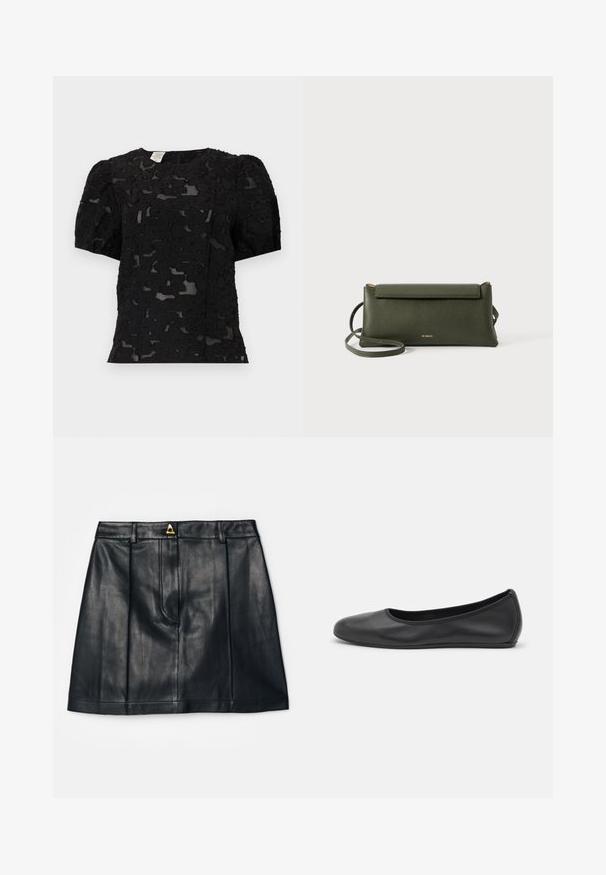 Top negro con un patrón de encaje floral texturizado, mangas cortas abullonadas y un escote redondo. Tejido semitransparente con un acabado suave.; AERON RUDENS SKIRT - Falda acampanada - black; Bailarina de piel negra con punta redondeada, textura suave, detalle de costura minimalista y diseño de suela flexible.; Bolso cruzado de cuero texturizado en verde oscuro con cierre de solapa y correa delgada ajustable, grabado con el pequeño logo dorado "Bee Projects".